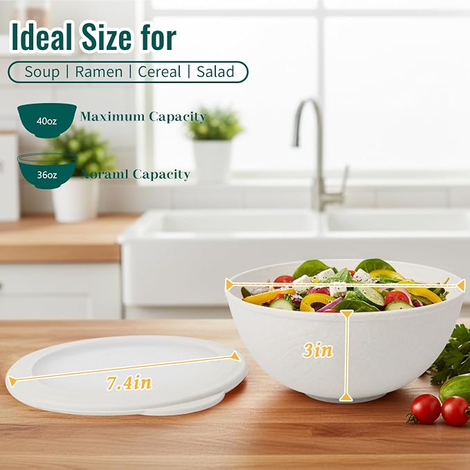 40 OZ Salad Bowl with Lid, Unbreakable Wheat Straw Bowls Sets, Cereal Bowls - Image 3