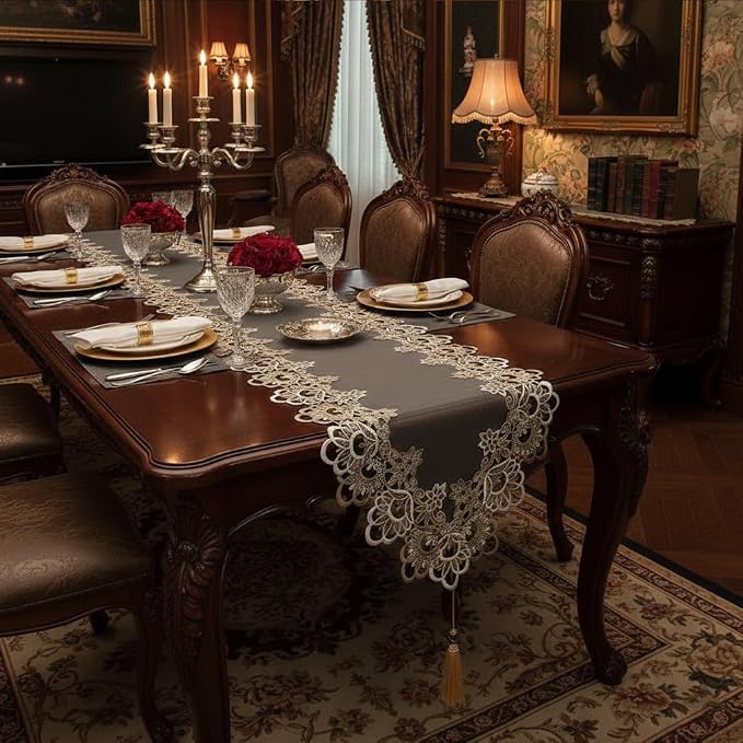 Embroidered White Lace Table Runner - Image 2