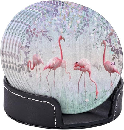 6 Pcs Pink Cute Flamingo Modern Art Boho Leather Coasters - Image 6