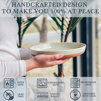 MORA Ceramic Flat Pasta Bowl Set of 4-35oz, Microwave Safe Plate with High Edge - Modern Porcelain Dinnerware for Kitchen and Eating, Large Wide Bowls/Plates for Serving Dinner, Salad, etc- Neutrals