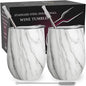 CHILLOUT LIFE 12 oz Stainless Steel Wine Tumblers 2 Pack - Double Wall Vacuum Insulated Wine Glasses Cups with Lids and Straws Set Keeping Cold & Hot for Coffee, Beer, Ice Cream - Carrara Marble