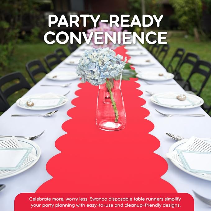 Red Scallop Table Runner, Disposable Plastic, 5 Pack - Image 3