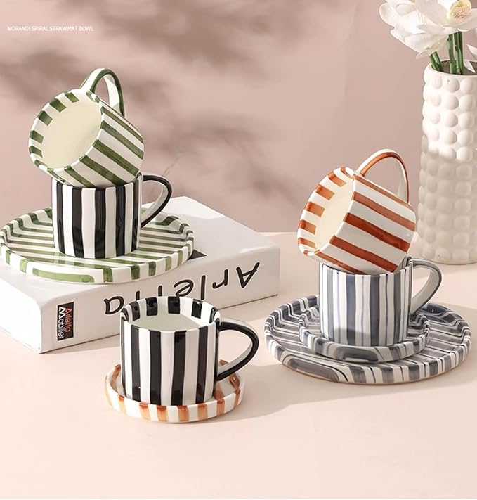 Cup and Saucer Set Hand-Painted Black Stripes, 8 Oz Ceramic Coffee Mug - Image 7