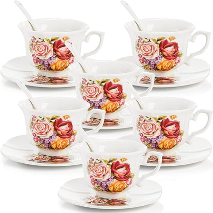 Pumtus Tea Cups and Saucers Set of 6, 8 OZ Vintage Ceramic Teacups by Pumtus