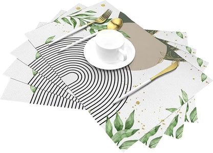 Boho Sage Green Placemats Abstract Bohemian Mid Century Modern Gold Leaves Plant Olive Grey Minimalist Washable Place Mats 12x18Inch for Dining Kitchen Farmhouse Decor 6 PCS