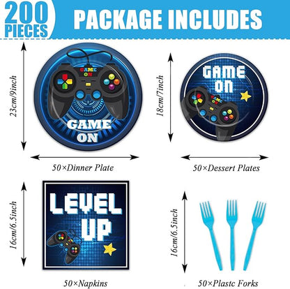 gisgfim 200 Pcs Video Game Party Favors Supplies Paper Plates and Napkins Gaming Birthday Party Decorations for Kids Gaming Serves 50