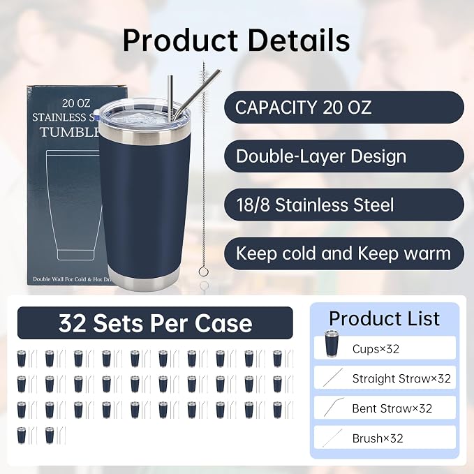 IEOVIEE 32 Pack 20oz Stainless Steel Insulated Bulk Tumblers - Image 2