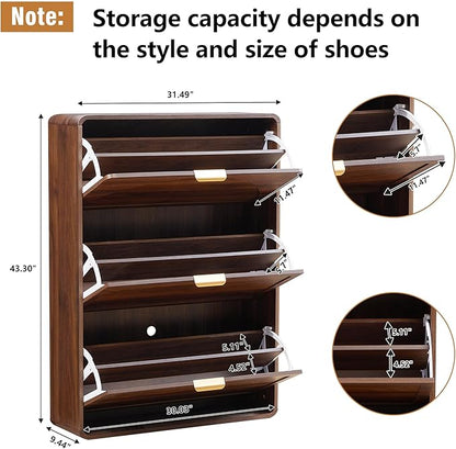 Narrow Hidden Shoe Organizer Cabinet Storage for Entryway, Modern Slim and Skinny Shoe Rack Cabinet with Flip Drawers for Entrance, Hallway - Walnut