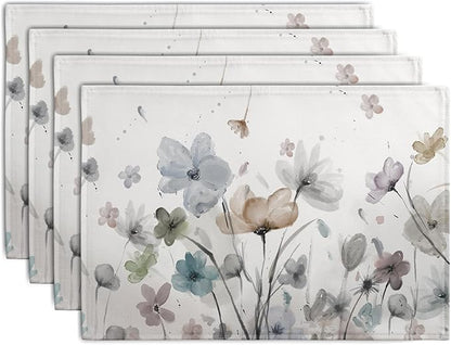 Flower Placemats Set of 4 Brown Cream Grey Poppy Flowers Table Mats Watercolor Rustic Vintage Floral Place Mat Farmhouse Linen Fabric Placemat for Party Kitchen Dining Outdoor Indoor Decor 12x18 Inch