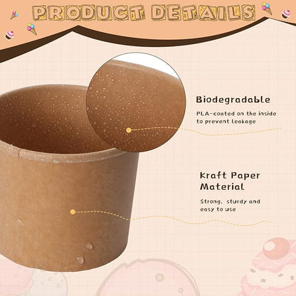 Honeydak 100 Pieces Ice Cream Soup Cups Paper 12 oz Disposable Sundae Bowls Kraft Paper Hot Cold Snack Yogurt Dessert Small Cups for Ice Cream Baby Shower Party Supplies, Brown Disposable Bowls