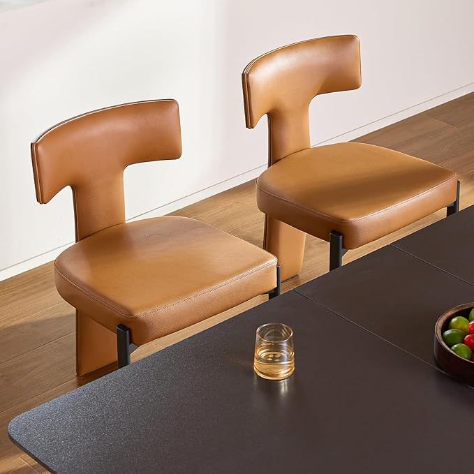 Brown Dining Chairs Set of 2,Faux Leather Dining Chairs with Soft Cushion,Comfortable Upholstered Armless Dining Room Chairs with Curved Plywood Back