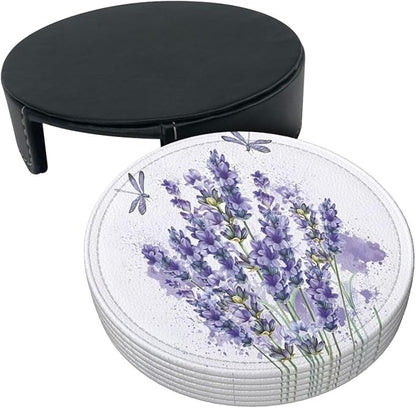 6 Pcs Lavender Flower Purple Floral Dragonfly Leather Coasters - Image 3