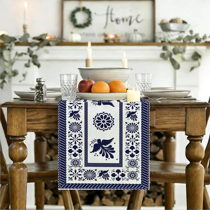 Blue Birds Flowers Mexican Table Runner Spring Floral Decor | Blue Patchwork - Image 3