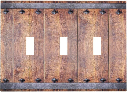 Light Switch Cover Rustic Farmhouse Barn Door Vintage Wood 3 Gang Wall Plate Triple Light Switch Plate Toggle Decorative Outlet Covers Electrical Switchplate for Bathroom Cabin Decor