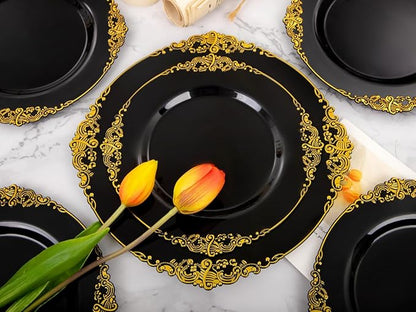 102PCS Black and Gold Plastic Plates - Black Disposable Plates - Heavyweight Disposable Plate with Gold Rim - Fancy Dinner & Dessert Plate for 51 Guests Weddings & Party