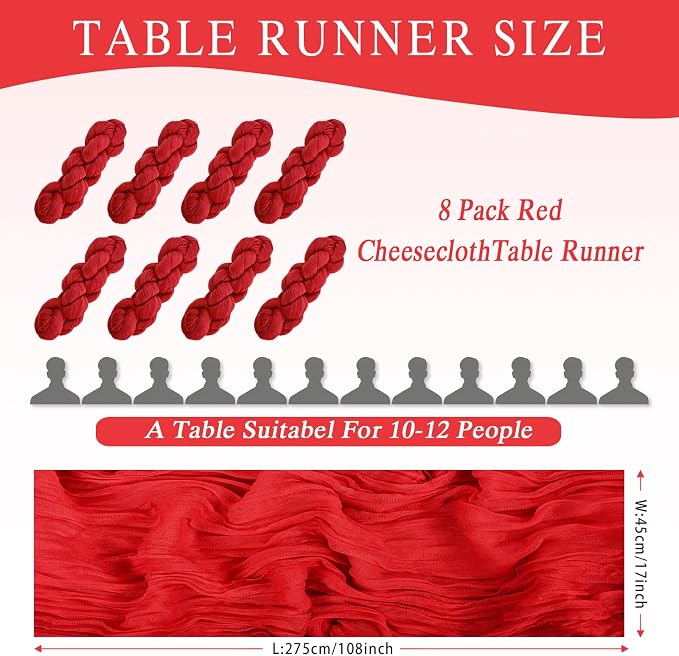 8 Pack Red Cheesecloth Table Runner 17x108 inch Boho Gauze Cheese Cloth Table - Image 3