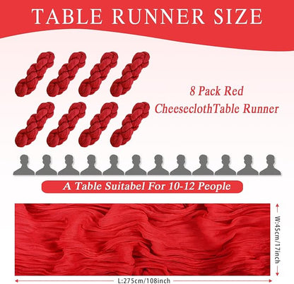 8 Pack Red Cheesecloth Table Runner 17x108 inch Boho Gauze Cheese Cloth Table - Image 3