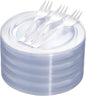 DaYammi 240Pcs Silver Dessert Plates Set Includes 120 Disposable Cake Plates 6.5" 120 Plastic Forks 5.7", Clear Silver Plastic plates, Fancy Appetizer plates for Party and Wedding Birthday