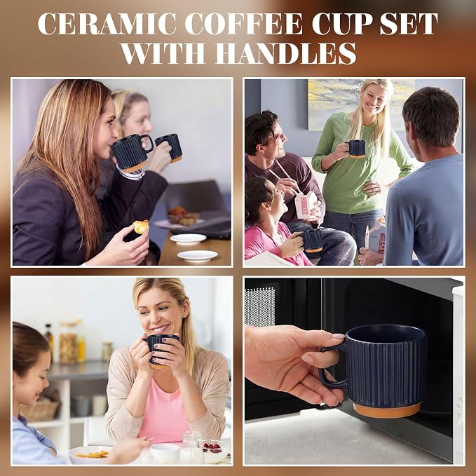 6 Set Ceramic Coffee Mugs with Gold Spoons, 8.8 oz Textured Ribbed Coffee Cups - Image 5