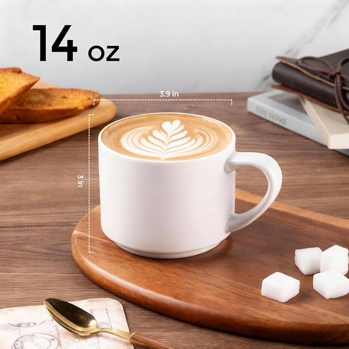 GBhome 14 OZ Coffee Mugs Set of 6, Stackable Matte White Coffee Cups Set | - Image 2