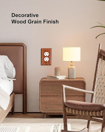 2-Pack Duplex Outlet Cover Plate, Decorative Wood Grain Switch Plates and Outlet Covers, Natural Bamboo Fiber Wall Plates for Electrical Outlets, 1 Gang Receptacle Cover, Corrosion Resistant