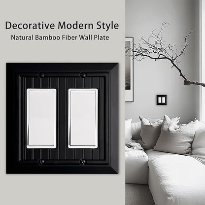 Beadboard Outlet Covers Wall Plates, Bamboo Fiber Light Switch Covers, Natural Material Electric Receptacle Decorative Switch Plate Outlet Cover Matte Black (2 Gang Decorator 2 Pack)