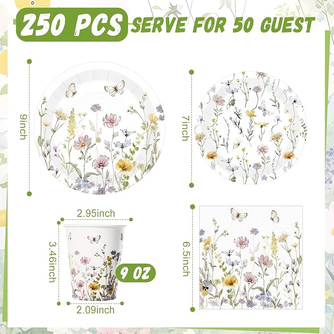 250 Pcs Wildflower Party Decorations Include Spring Summer Floral Paper Plates - Image 3