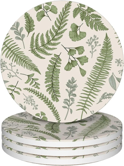 Drink Coasters Set of 4,Botanical Leaves and Plants Vintage Coasters for Drinks Ceramic Coasters with Cork Bottom for Kinds of Mugs and Cups,Home Decor,4''