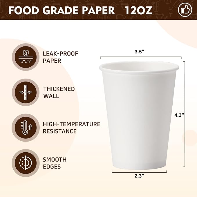 YEEHAW 12 oz Coffee Cups Disposable Paper Cups 300 Pack | White, Leak-Proof & - Image 2
