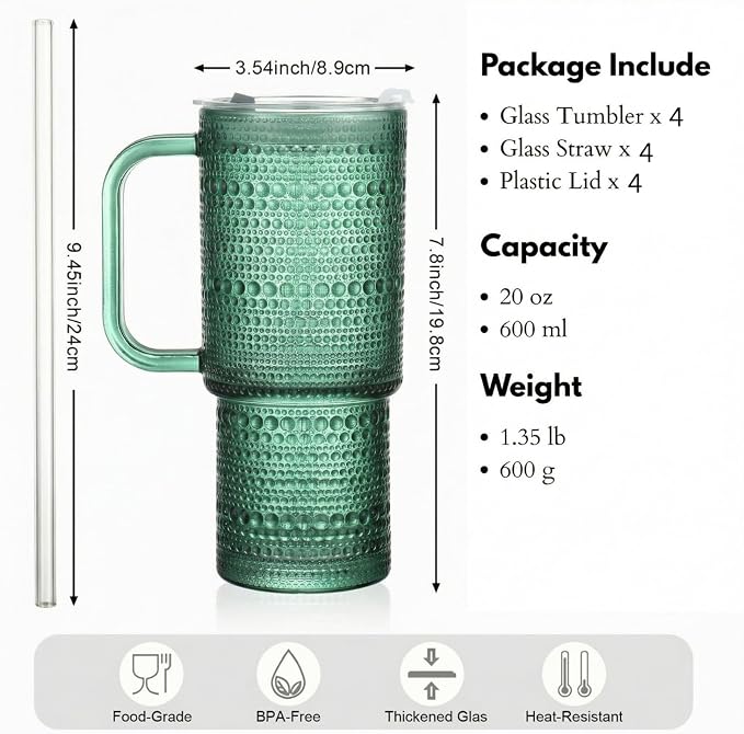 20 oz Green Glass Tumbler with Lid and Straw, Glass Iced Coffee Cups, - Image 2
