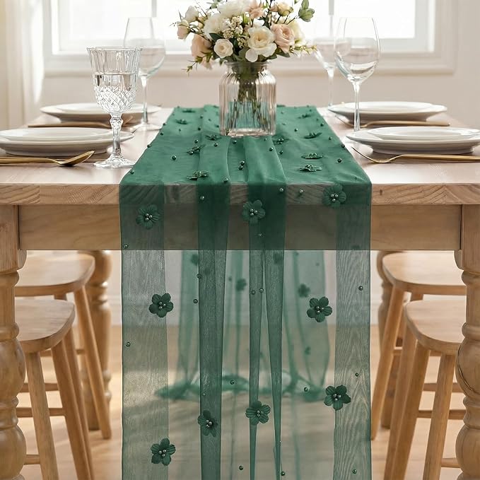 Artoid Mode Green Flower Pearl Green Gauze Table Runner 10FT, Seasonal Sheer - Image 2