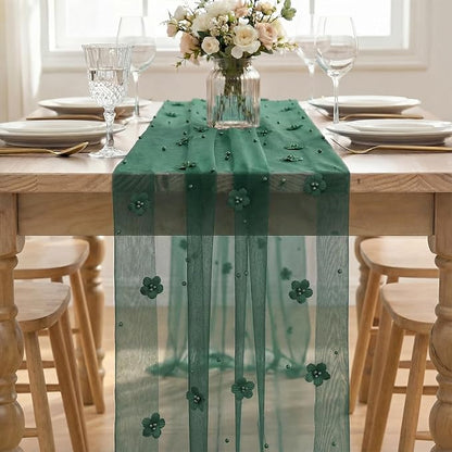 Artoid Mode Green Flower Pearl Green Gauze Table Runner 10FT, Seasonal Sheer - Image 2