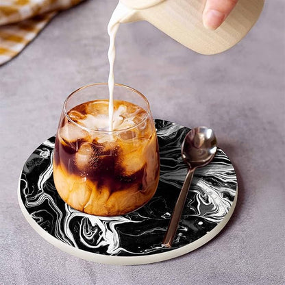 Black Artistic Graphic Dye Coasters for Drinks Office Coffee Table Monochrome Water Surface Art Fluid Ink Liquid Living Room Decor Set of 2 for Cold Drinks Wine Mugs and Cups 4 Inch