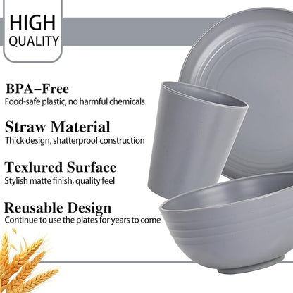 LIYH 16 Pcs Grey Wheat Straw Dinnerware Sets Unbreakable Dinnerware Sets for 4 Plates and Bowls Set Plastic Plates Reusable Straw Tableware Dish Set for 4 Include Plate Bowl Cup