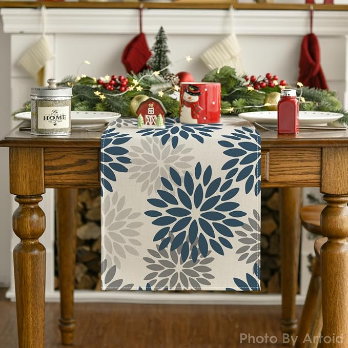 Artoid Mode Dahlia Aqua Floral Pinnata Flower Winter Table Runner, Seasonal - Image 7