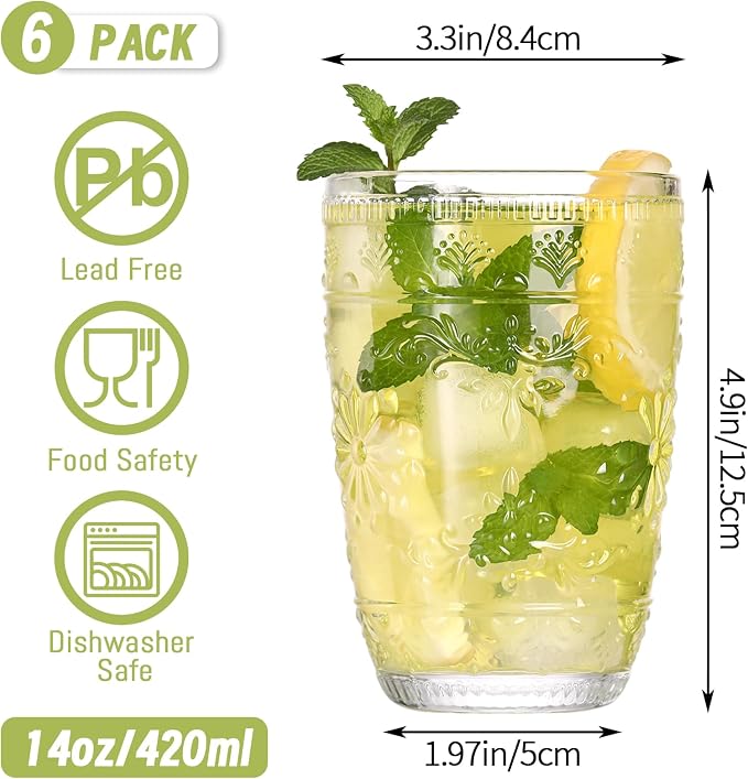 abrwyy Clear Glasses Drinking Set, 14oz Water Glasses, Vintage Glassware | - Image 6