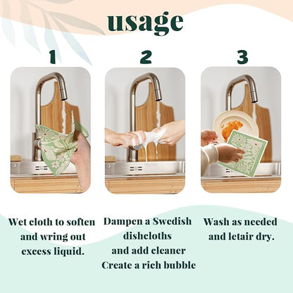 Spring Flower Swedish Dishcloths for Kitchen, Boho Sage Green Swedish Dish Cleaning Cloths for Floral, 4 Pack Dish Towels for Kitchen, Papaya Reusable Paper Towels Washable