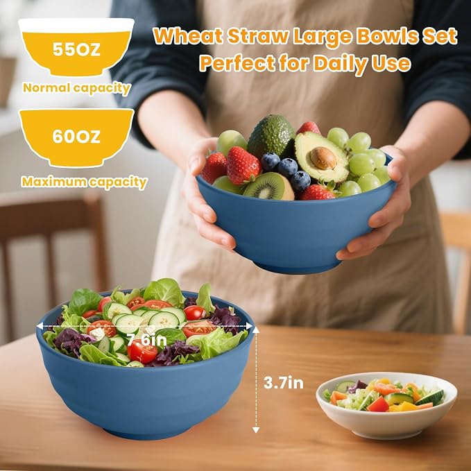 Deep Noodle Bowls Set of 8: 60oz Large Wheat Straw Bowls - Image 2