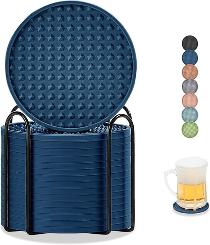 Coasters for Drinks, Silicone Coasters Set of 16 with Metal Holder, Outdoor Coaster for Coffee Table, Non-Slip Rubber Table Cup Mat Desk, Heat Resistant & Scratch-Proof (Navy Blue)