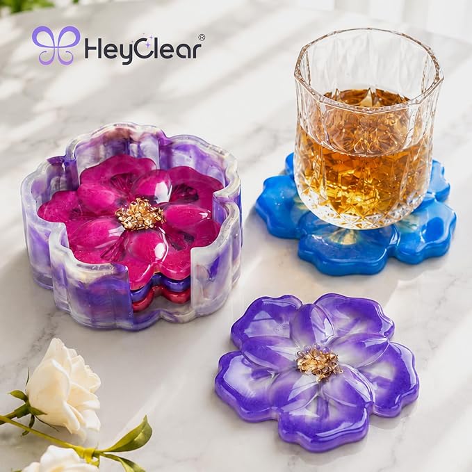 HeyClear 5Pcs Coaster Silicone Resin Molds, Flower Coaster Epoxy Resin Molds - Image 3