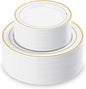 200PCS White Plastic Plates with Gold Rim, Disposable Heavy Duty Plastic Plate, 100 Dinner and 100 Dessert Plates for Party and Wedding