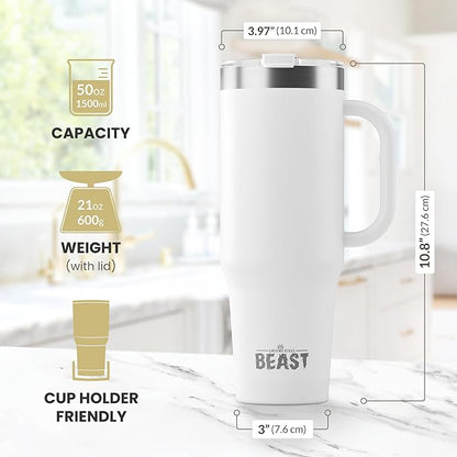 Beast 50 oz Tumbler with Handle Stainless Steel Vacuum Insulated Coffee Ice Cup Double Wall Travel Flask (Arctic White)
