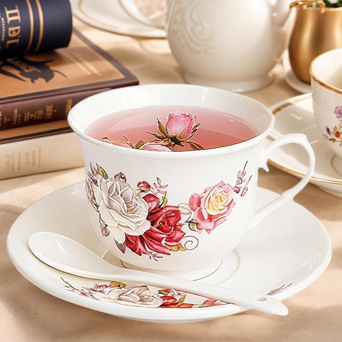 WRINGKIT Tea Cups and Saucers Set of 6, 6 Oz Porcelain Floral Tea Cups - Image 6