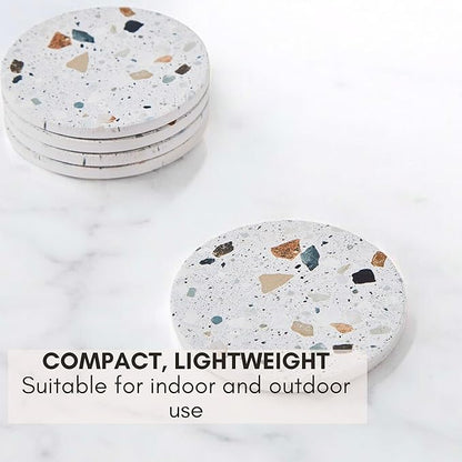 Terrazzo Coasters Set of 6, Ceramic Absorbent Drink Coasters, Cute Moisture Absorbing Coaster, Coffee Table Desk Decor, Colorful Stone Coaster for Drinks (Granite with Black Holder)