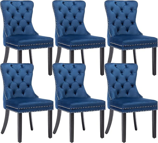 KCC Velvet Dining Chairs Set of 6, Upholstered High-end Tufted Dining Room Chair with Nailhead Back Ring Pull Trim Solid Wood Legs, Nikki Collection Modern Style for Kitchen, Blue