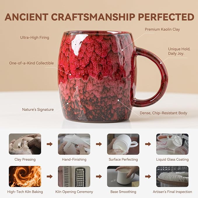 Rustic Red Ceramic Coffee Mug 14oz - Image 4