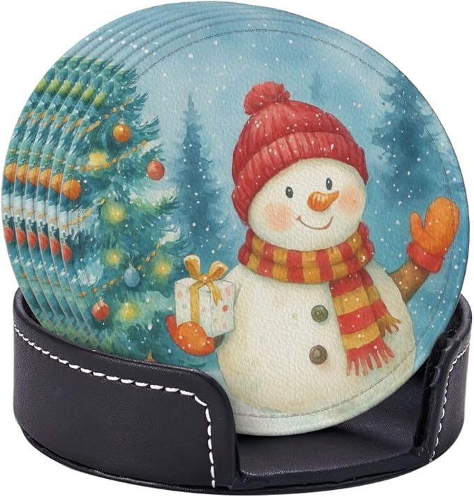Winter Blue Green Snowman Christmas Tree Coasters - Image 2