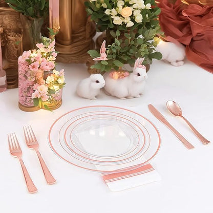 I00000 72 Pcs Rose Gold Plastic Dessert Plates7.5& 70 Pcs Plastic Forks7.4, Premium Salad Plates, Heavy Duty Disposable Plate for Party,Disposable Appetizer Plates Great for Wedding