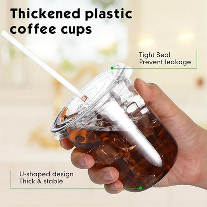 50 Sets Clear Plastic Cups with Lids and Straws, Disposable Iced Coffee Cups Drinking PET for Cold Drinks, Juice, Smoothie, Coffee Shops, Party, Christmas (Clear,14 oz)