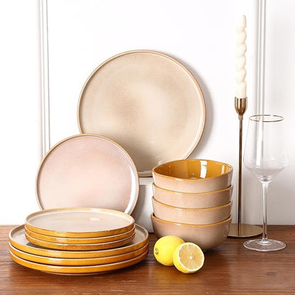vicrays Ceramic Salad Plates Set - Porcelain 8 Inch Flat Dessert Appetizer Plate for Lunch Home Party Restaurant - Scratch Resistant Microwave Oven and Dishwasher Safe - Set of 6 (Beige)